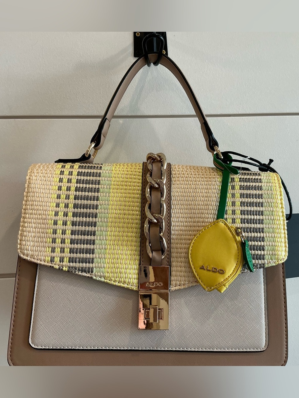ALDO Women’s Yellow & Neutral Straw-Accent Top Handle Bag
